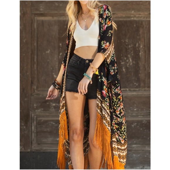 2 - Boho Floral Geo Print Tassel Open Front Kimono Cover up - Picture 2 of 4